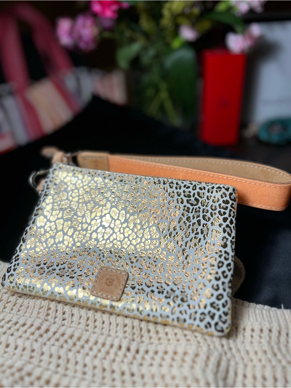 Consuela Metallic Leopard Print Wristlet Pouch Crossbody Excellent Condition